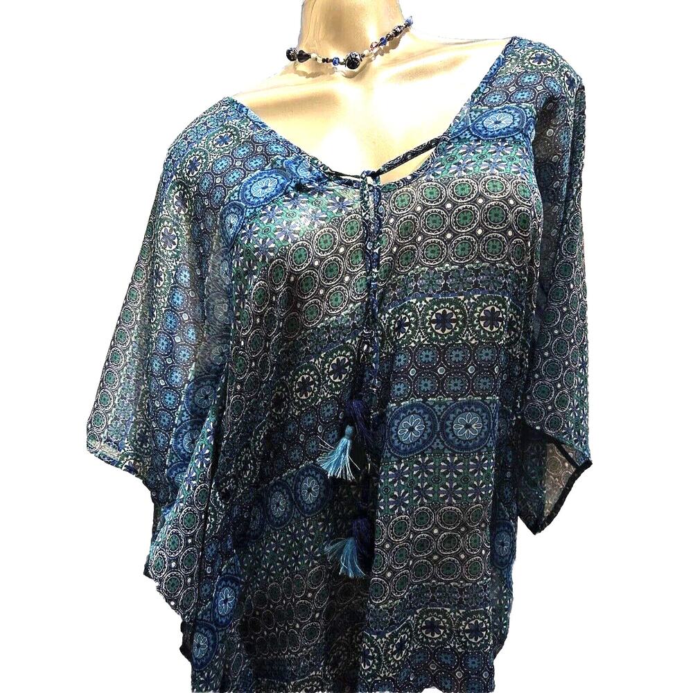 Women’s Rod Beattie Peasant Blue Sheer Boho Caftan Top Size Medium 8 10